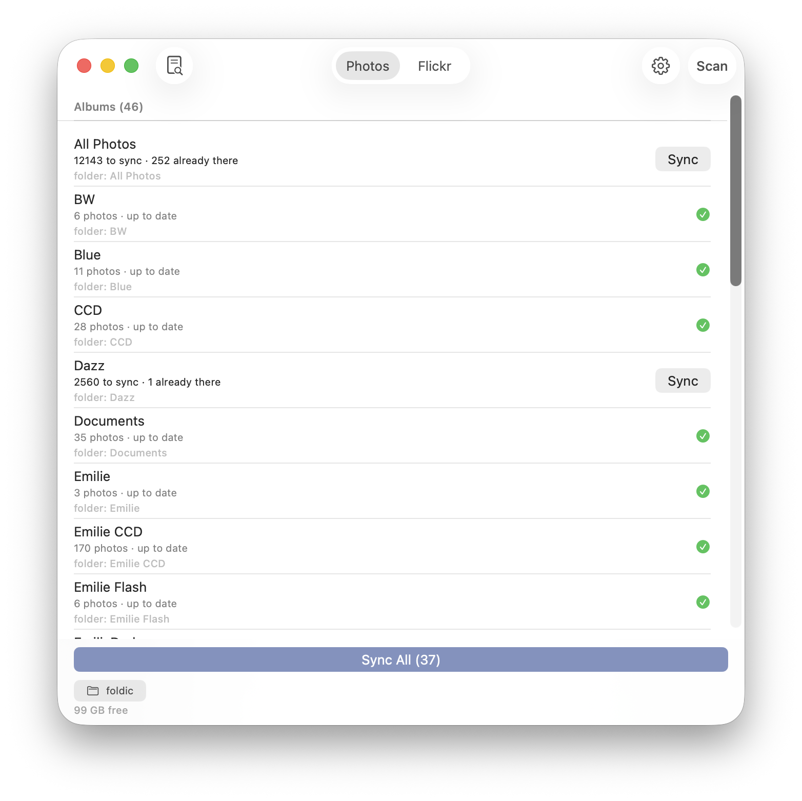 The Mac app after the rewrite — the album list is the system's own, down to the scrollbar.